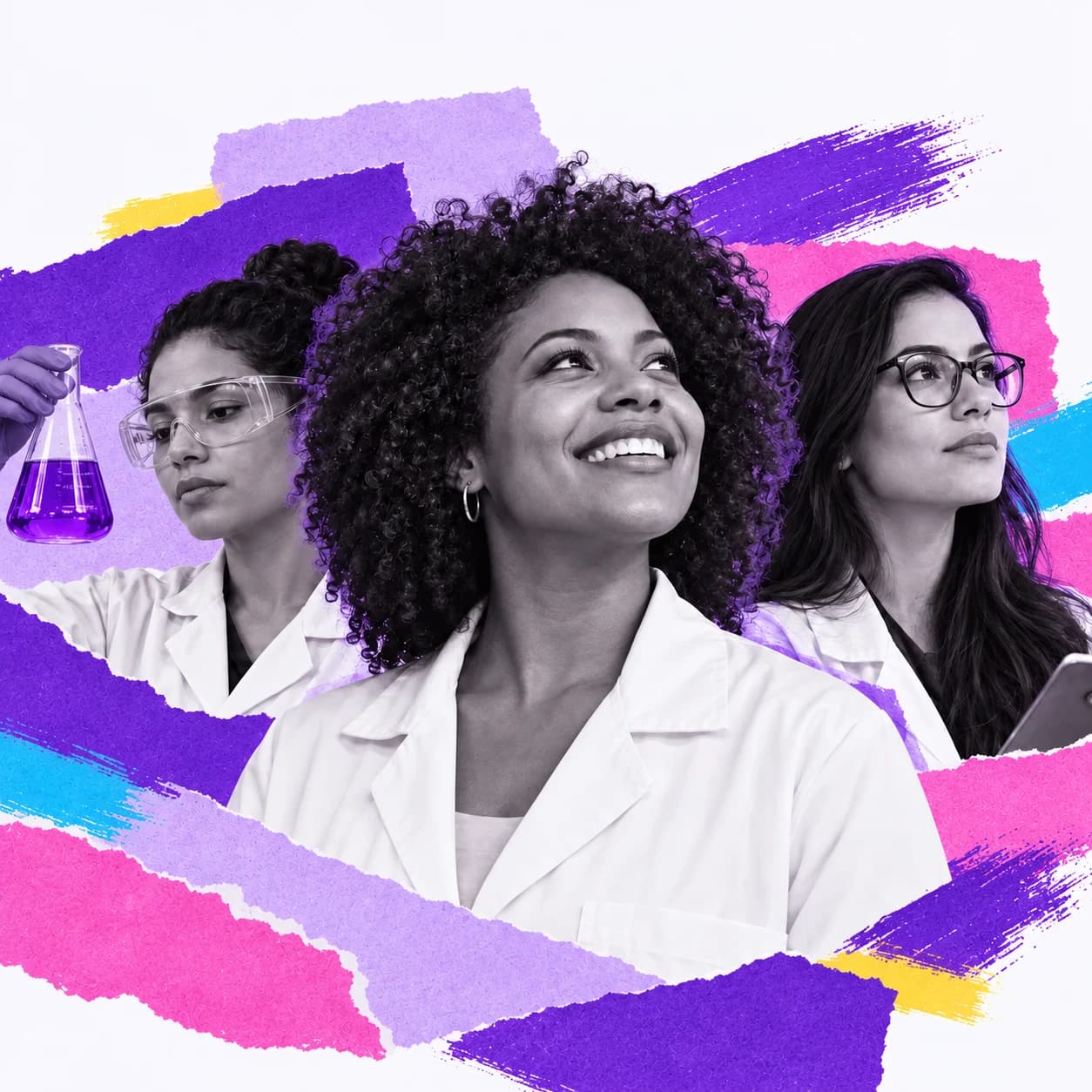 Três mulheres cientistas em uma colagem de retratos em preto e branco com recortes roxos e rosas